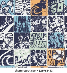 Surfing patchwork, grunge  vector seamless pattern