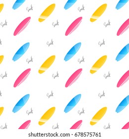 Surfing pattern. Seamless pattern of colorful surfboards and hand drawn lettering Surf.