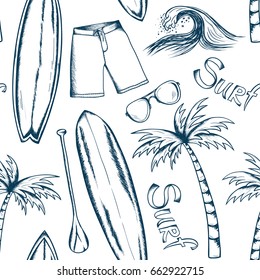Surfing pattern. Summer doodles. Fabric design. Ocean. Beach rest background. Hand drawn effect. Surf sport. Traveling or vacation design.