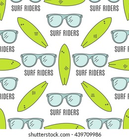 Surfing patterns. Summer seamless design with surfer glasses, surfboards. Cute flat colors. Vector illustration. Use for fabric printing, web projects, t-shirts or tee designs