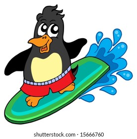 Pingüino de surf sobre fondo blanco - ilustración vectorial.