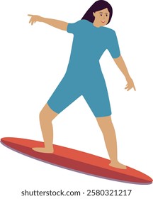 Surfing People Activity Character at the Beach. Vector Illustration in Trendy Flat Design.