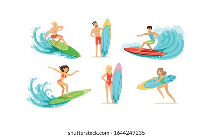 Surfing People Collection, Male and Female Surfers in Swimwear Riding Waves Vector Illustration