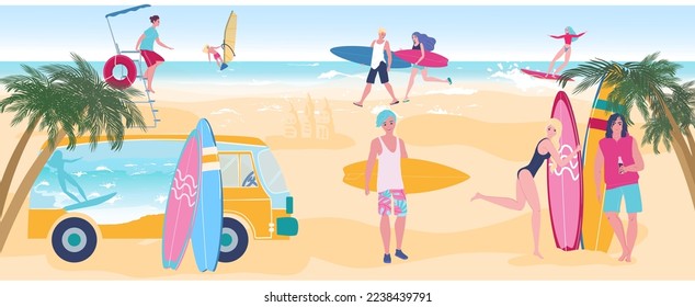 Surfing people enjoy summer vacation on ocean beach, young attractive boys and girls, vector illustration