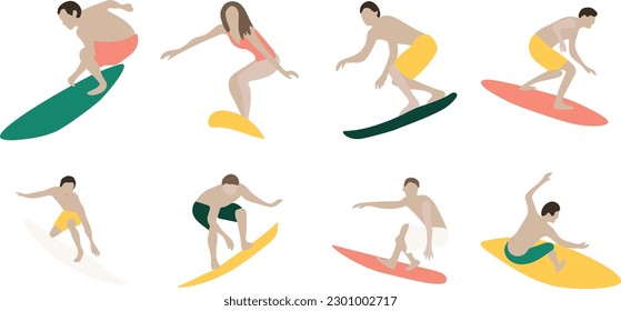 Surfen Menschen auf transparentem Hintergrund. Elemente, Bilder, Clipkunst, Surfen, Surfen, Sommer, Menschen, Strand, Vektorgrafik. transparent sein.