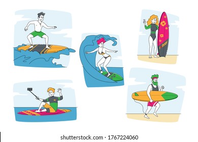 Surfing People Set. Characters in Swimwear Riding Surf Boards by Huge Ocean Waves, Make Selfie. Sports Competition, Summer Sparetime, Sport Activity, Healthy Lifestyle. Linear Vector Illustration