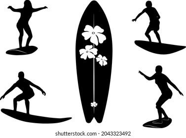 Surfing people. Surfer standing on surf board, surfers on beach and summer wave riders surfboards. Tropical hawaii lifestyle, surfing surfers in swimwear. Vector illustration isolated symbols set