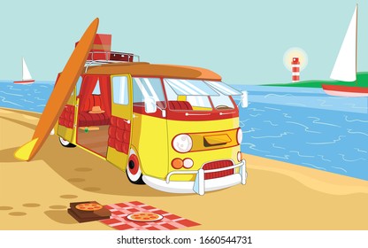 Surfing and picnic near retro van on sandy ocean shore. Vintage vector illustration.
