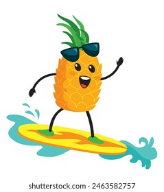 Personaje de piña de surf. Diseño de póster de fruta con Vector piña surfer. Lindo piña divertida en la tabla de surf. Vector concepto de vacaciones. Estilo de vida tropical hawaiano, resort de verano. Zumo de piña