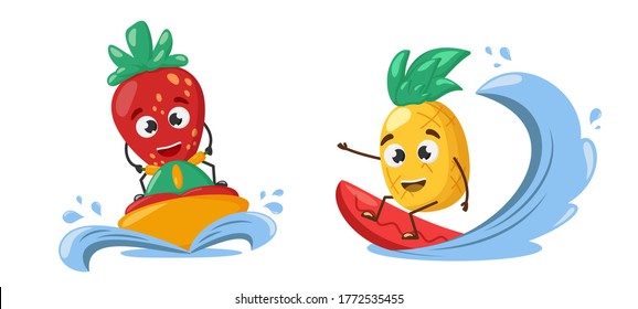 Surfing pineapple character. Strawberry character rides a jet ski. Vacation concept. Tropical hawaii lifestyle. Pineapple juice, fresh fruits, summer resort. Kid poster and summer t-shirt design.