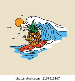 Surfing pineapple at good wave graphic illustration vector art t-shirt design