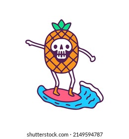 Surfing pineapple skull mascot, illustration for t-shirt, street wear, sticker, or apparel merchandise. With doodle, retro, and cartoon style.