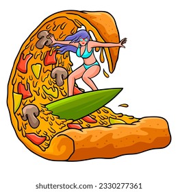 Surfen Sie Pizza, Vektorgrafik. Illustration eines Mädchens, das auf einer Pizzawelle surft, um T-Shirt-Design, Siebdruck, Aufkleber und Poster zu erstellen. Hawaiianisches Sommersurfen.