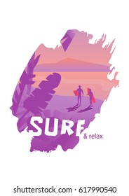 Surfing placard concept with double exposure of splendid vacation. Hand drawn letters on brush stroke shape illustration.