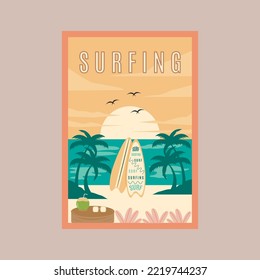 surfing poster design, surf and beach sunset background vector