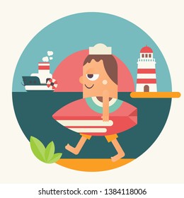 Surfing Poster. Funny Cartoon Surfer with Surfboard Walking along Beach. Vector Illustration. Retro Design. Emblem for Surfing Club, Website or Online Shop of Surf Equipment.