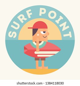 Surfing Poster. Funny Cartoon Surfer with Surfboard under Text Surf Point. Vector Illustration. Retro Design. Emblem for Surfing Club, Website or Online Shop of Surf Equipment.
