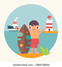 Surfing Poster. Funny Cartoon Surfer  with Surfboard, Lighthouse and Steamship. Vector Illustration. Retro Design. Emblem for Surfing Club, Website or Online Shop of Surf Equipment.