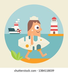 Surfing Poster. Funny Cartoon Surfer with Surfboard Walking along Beach. Lighthouse and Steamship. Vector Illustration. Retro Design. Emblem for Surfing Club, Website or Online Shop of Surf Equipment.