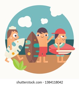 Surfing Poster. Funny Cartoon Surfers with Surfboard on Beach. Vector Illustration. Retro Design. Emblem for Surfing Club, Website or Online Shop of Surf Equipment.