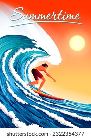 Surfing poster. Handmade drawing vector illustration.