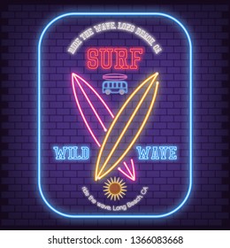 Surfing Poster in Neon Style. Glowing Sign for Surf Club or Shop. Surfboards Electric Icons on Brick Wall Background. Vector Illustration. 