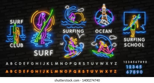 Surfing Poster in Neon Style. Glowing Sign for Surf Club or Shop. Surfboards Electric Icons on Brick Wall Background. Extreme sport, activity and leisure design. Night neon sign, colorful billboard