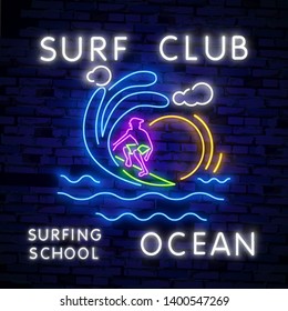 Surfing Poster in Neon Style. Glowing Sign for Surf Club or Shop. Surfboards Electric Icons on Brick Wall Background. Extreme sport, activity and leisure design. Night neon sign, colorful billboard