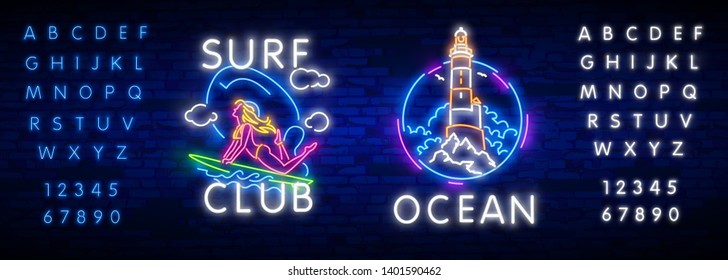 Surfing Poster in Neon Style. Glowing Sign for Surf Club or Shop. Surfboards Electric Icons on Brick Wall Background. Extreme sport, activity and leisure design. Night neon sign