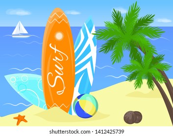 Surfing Poster.  Surf board and palm. Summer vector banner.