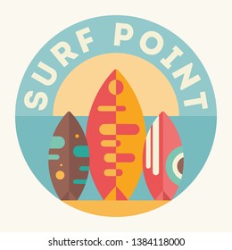 Surfing Poster. Surfboards on the Beach. Vector Illustration. Retro Design. Emblem for Surfing Club, Website or Online Shop of Surf Equipment.