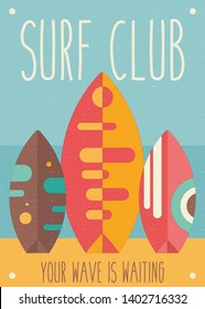 Surfing Poster. Surfboards on the Beach. Vector Illustration. Retro Design. Placard for Surfing Club, Website or Online Shop of Surf Equipment. Wave, Sand, Sun.