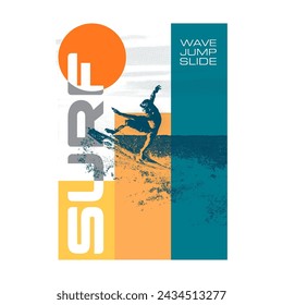 Surfing poster with surfer silhouette. Extreme sport vector illustration.