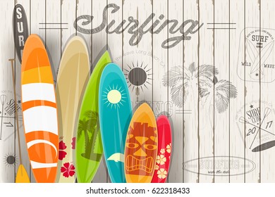 Surfing Poster in Vintage Style for Surf Club or Shop. Surfboards with Different Designs and Sizes. Vector Illustration