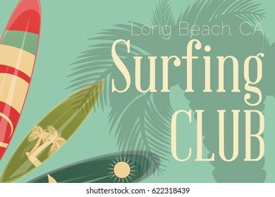 Surfing Poster in Vintage Style for Surf Club or Shop. Surfboards and Palm Tree. Vector Illustration