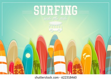 Surfing Poster in Vintage Style for Surf Club or Shop. Colorful Surfboards on Beach. Vector Illustration