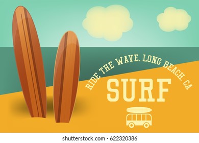 Surfing Poster in Vintage Style for Surf Club or Shop. Surfboards on Beach. Vector Illustration