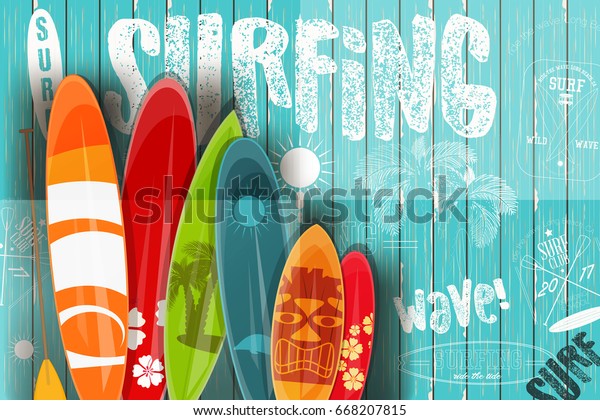 Surfing Poster in Vintage Style for Surf\
Club or Shop. Surfboards with Different Designs and Sizes on Blue\
Wooden Background. Vector\
Illustration.