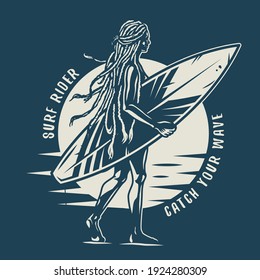 Surfing print of girl surfer on coast with surfingboard walking on the beach. Vector illustration summer hawaii t-shirt design