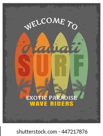 Surfing print or poster with four colored surf board and title welcome to Hawaii exotic paradise wave rides vector illustration