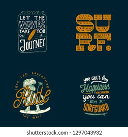 Surfing print set - Let the waves take you on a journey, Surf bold letters, Dino surfer, You can't buy happiness but you can buy a surfboard - vintage lettering set