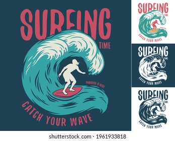 Surfing print set of silhouette man on surfboard and wave. Hawaii emblem for t-shirt design