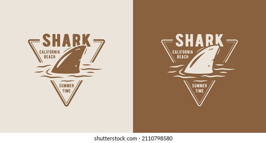 Surfing print of shark fin and surf board on waves. Vector illustration hawaii summer t-shirt design