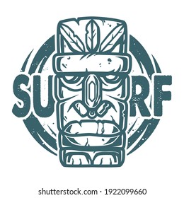 Surfing print of stone tiki mask, face idol. Vector illustration hawaii summer t-shirt design