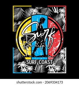 Surfing print t-shirt with backdrop of palm trees and sunset beautiful vector Illustration