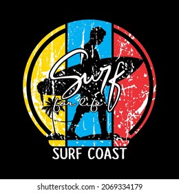 Surfing print t-shirt with backdrop of palm trees and sunset beautiful vector Illustration
