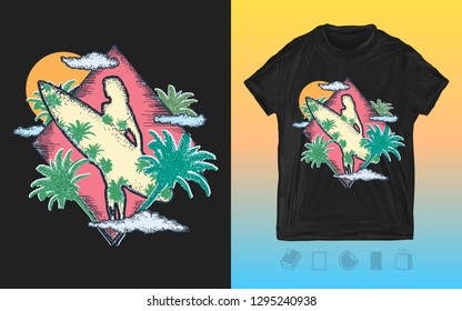 Surfing. Print for t-shirts and another, trendy apparel design. Beautiful girl with a surfboard. Symbol of extreme sport, driving on sea waves, tropics, paradise