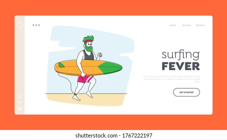Surfing Recreation Landing Page Template. Young Man Character Run to Ocean with Surf Board in Hands. Sportsman Summer Sparetime, Sport Activity, Healthy Lifestyle, Leisure. Linear Vector Illustration