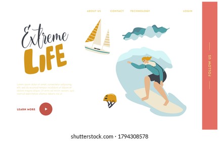Surfing Recreation in Ocean Landing Page Template. Young Woman Surfer Character in Swim Wear Riding Big Sea Wave on Board. Summertime Activity, Vacation Extreme Leisure Fun. Linear Vector Illustration