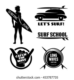 Surfing related labels set. Design elements for t-shirt designs, prints and posters. Vector vintage illustration.